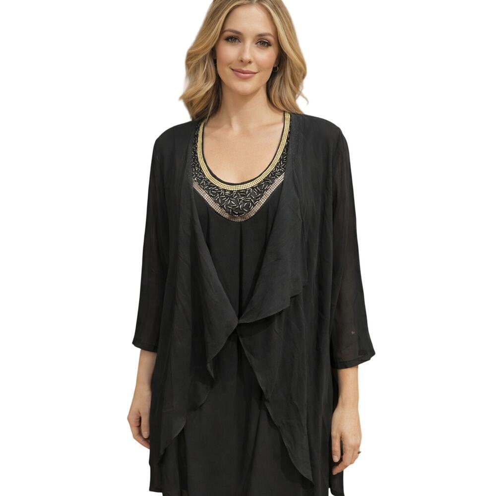 Tiana B Black Sheer Overlay Tunic Top Jeweled Collar USA
